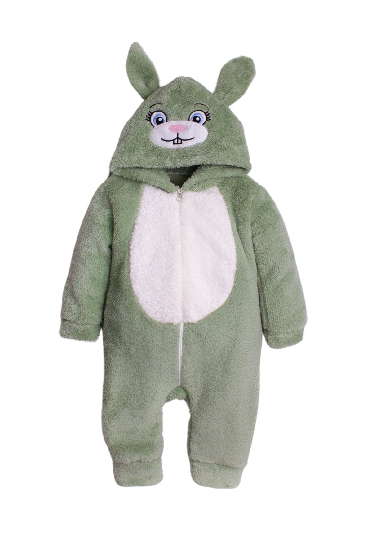 Unisex Kapüşonlu Tavşan Figürlü Peluş Bebek Tulum 0-12 Ay